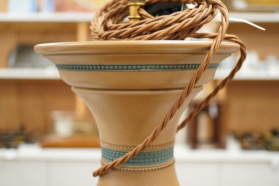 A Watcombe pottery lamp base, signed A Bartlett, 1880, overall 62cm high